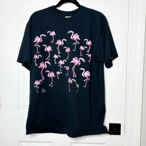 ANVIL Vtg 2002 Pre-Shrunk 100% Cotton Flamingo Print Both Sides Short Sleeve Tee - Picture 1 of 4